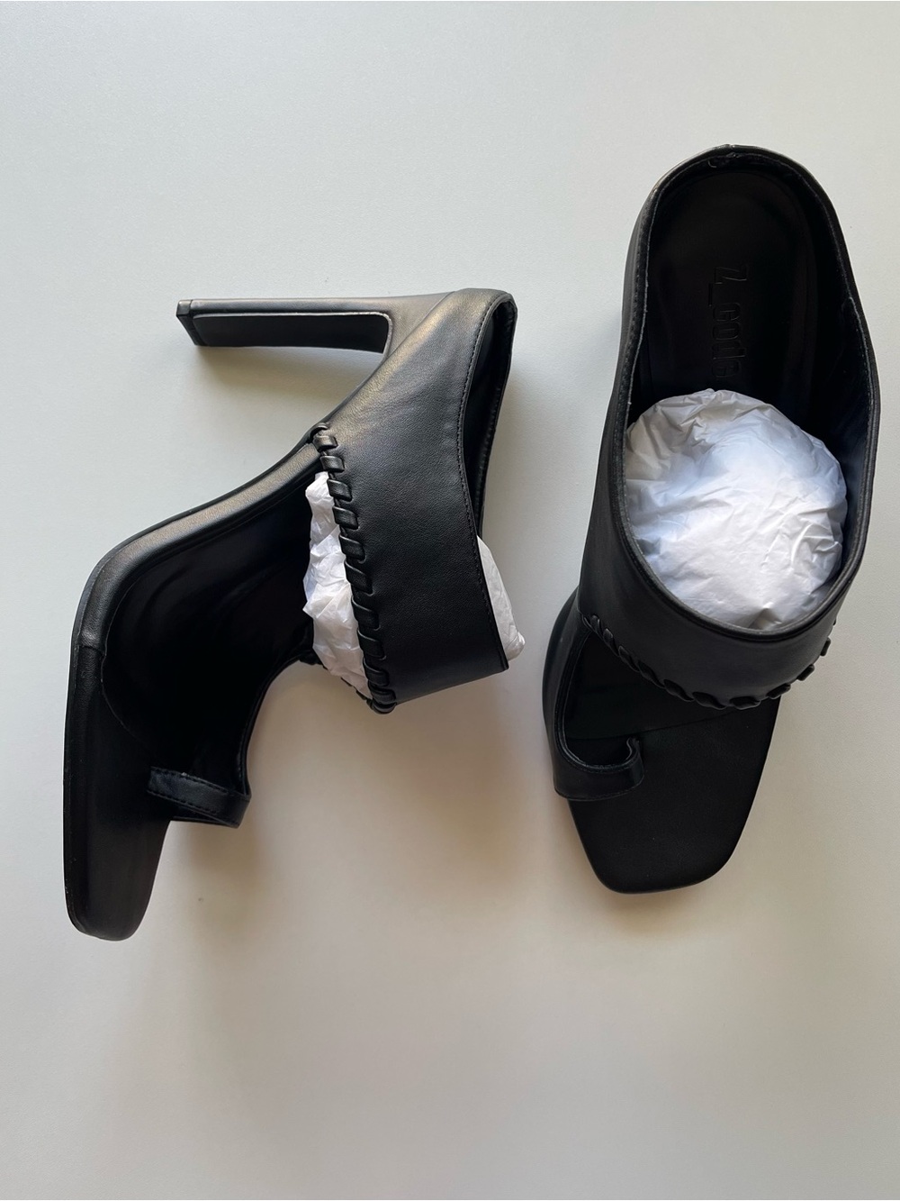 Black Leather Square-Toe Heeled Mules